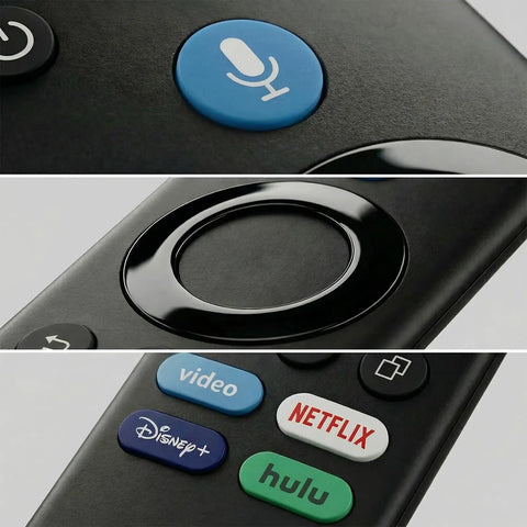 Universal Voice Control Remote For Fire TV Smart TVs with buttons for video, Netflix, Hulu, Disney+, and voice control.