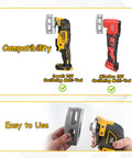2 Pack Square Slot Cutter For Oscillating Multi Tool, Quick Clean Drywall Outlet Box Openings For Single Gang Boxes, Pro Grade, Compatible With 20V Dewalt And 18V Milwaukee, Heavy Duty Hardened Steel Construction For Precise Sheetrock Cut In. compatibility shown with Dewalt and Milwaukee tools