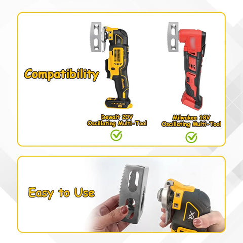 2 Pack Square Slot Cutter For Oscillating Multi Tool, Quick Clean Drywall Outlet Box Openings For Single Gang Boxes, Pro Grade, Compatible With 20V Dewalt And 18V Milwaukee, Heavy Duty Hardened Steel Construction For Precise Sheetrock Cut In. compatibility shown with Dewalt and Milwaukee tools