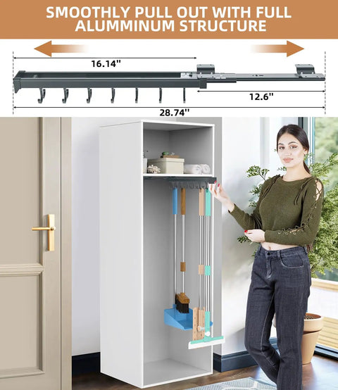 Pull Out Broom And Mop Holder With Sliding Double Row Hooks Multifunctional Wall Or Cabinet Storage Organizer installed in cabinet