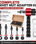 M3 To M8 Electric Rivet Gun Adapter Kit with five mandrel sizes and accessories for drills shown in box setup.