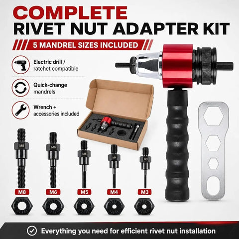 M3 To M8 Electric Rivet Gun Adapter Kit with five mandrel sizes and accessories for drills shown in box setup.
