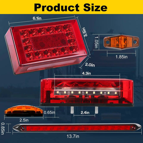 6 Inch Boat Trailer Lights Kit Submersible LED Rectangle Stop Turn Tail Lights With Marker Lights License Plate Light And Wiring Harness Waterproof Brake Light Bar Easy Install Dope Bright LED showing product dimensions
