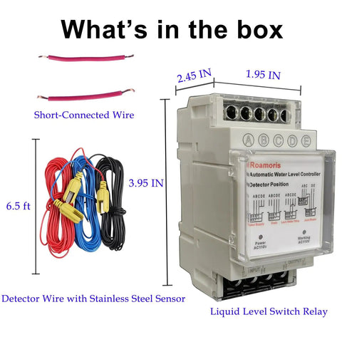 Your Go To Automatic Water Level Controller With 6.5ft Stainless Detector And 110V Pump Float Switch Relay Four Modes For Water Supply Drain Low Water Stop And Joint Use 10A Load Capacity NC01, with wiring and relay