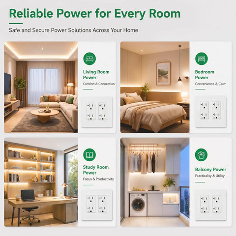 Heavy Duty Tamper Resistant Decorator Outlet Combo Kit Featuring Kid Proof Shutters Two Gang Screwless Wall Plate Set, shown in lifestyle settings.