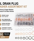 Oil Drain Plug Crush Washer Set With Assorted Sizes 10mm 12mm 14mm 16mm 18mm For Automotive Engine Oil Pan Sealing Gasket Replacement Kit 160 Pieces Premium Quality, showing aluminum and copper washers in storage case.
