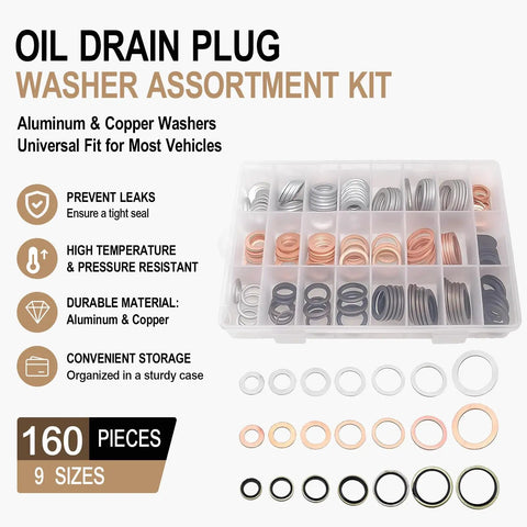 Oil Drain Plug Crush Washer Set With Assorted Sizes 10mm 12mm 14mm 16mm 18mm For Automotive Engine Oil Pan Sealing Gasket Replacement Kit 160 Pieces Premium Quality, showing aluminum and copper washers in storage case.