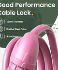 Close-up of 4 Foot Cable Bike Lock with Half Inch Resettable Combination and Mounting Bracket in Baby Pink showing braided steel cable.