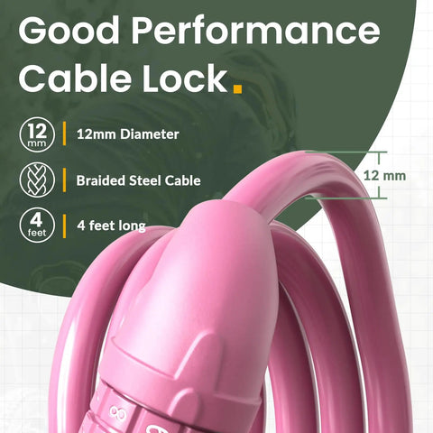 Close-up of 4 Foot Cable Bike Lock with Half Inch Resettable Combination and Mounting Bracket in Baby Pink showing braided steel cable.