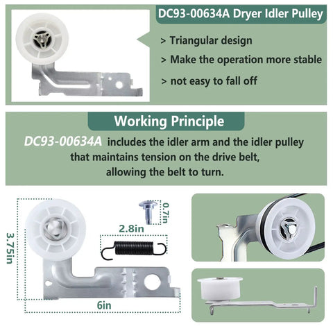 Premium Dryer Repair Kit With Roller Replacement, Idler Pulley, And 92 Inch Belt For Most Household Dryers focusing on DC93-00634A Pulley.