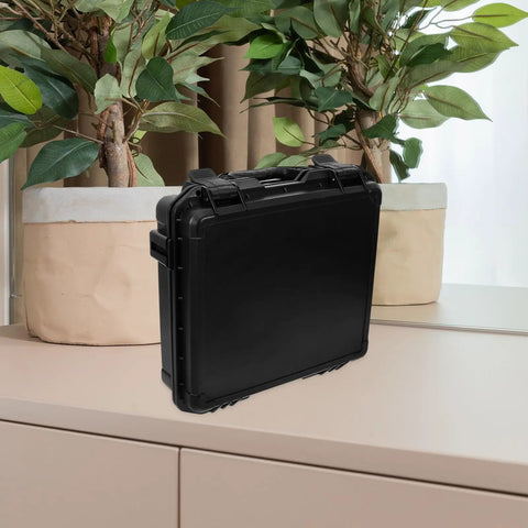 Hella Practical PP Plastic Toolbox With Secure Lock, Savage Electric Drill Carry Case on a simple surface near a plant.