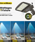 Switchable LED Parking Lot Light For Driveways And Lots 150W 180W 200W with 32000 Lumen, showing mounted light with beam effect