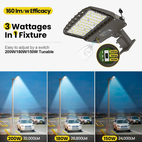 Switchable LED Parking Lot Light For Driveways And Lots 150W 180W 200W with 32000 Lumen, showing mounted light with beam effect
