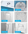 Close-up of features including water inlet, pulsator, spin tub, drain hose, and power wire of Compact Twin Tub Portable Mini Washer With Built In Drain Pump Semi Automatic Spin Dry Cycle Speedy Daily Washes Save Floor Space And Money For College Students And Busy Households White.