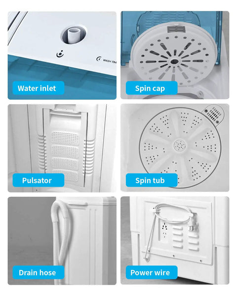 Close-up of features including water inlet, pulsator, spin tub, drain hose, and power wire of Compact Twin Tub Portable Mini Washer With Built In Drain Pump Semi Automatic Spin Dry Cycle Speedy Daily Washes Save Floor Space And Money For College Students And Busy Households White.