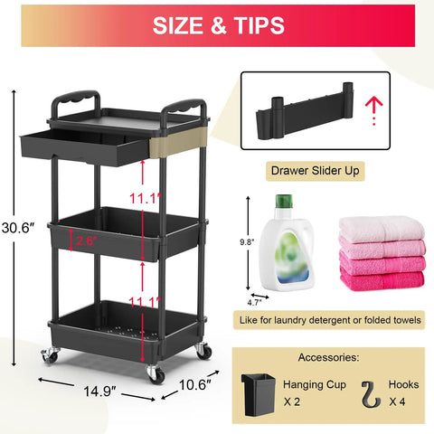 Three Tier Rolling Utility Cart With Removable Drawer Sturdy Black Mobile Storage Cart On Two Lockable Wheels For Kitchen