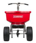 Front view of Pro Grade 100 Lb Spreader With Stainless Steel Frame And Red Weather Resistant Hopper Enclosed Gearbox With Grease Fitting