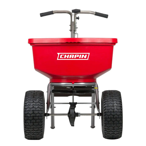 Front view of Pro Grade 100 Lb Spreader With Stainless Steel Frame And Red Weather Resistant Hopper Enclosed Gearbox With Grease Fitting