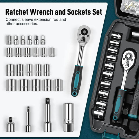 281 Piece All In One Home Tool Kit Portable Complete Basic Repair Set For DIYers And Pros Includes Socket Wrench Set