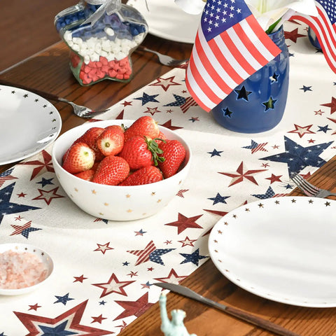 Old Style Stars American Flag Table Runner 13x72 Inch For Fourth Of July Memorial Day Kitchen Dining Decor Durable Polyester Spun Fabric