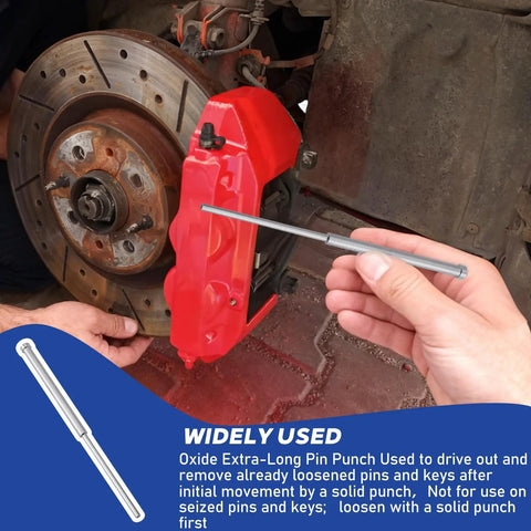 Person using Extra Long Three Sixteenth Inch Pin Punch Set For Driving Pins In Or Out Of Workpieces on car brake assembly