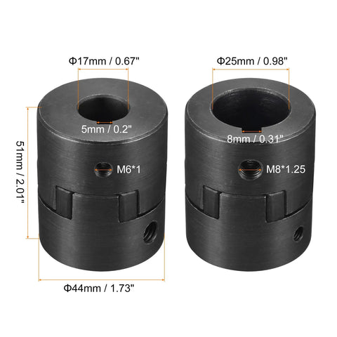 Flexible Coupling Shaft 17mm to 25mm Bore, 51mm Long by 44mm Outer Diameter, 45 Steel Motor Coupler Joint for Servo, Stepper and Encoder Drives