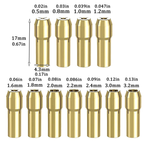11 brass collets in 16 Piece Drill Chuck Collet Set For Rotary Tools 0.8 To 3.2mm Quick Change Keyless Chuck Kit