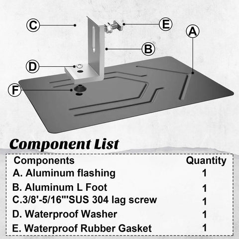 Components of 16 Pack Aluminum L Bracket Solar Racking Kit With Flashing For Roof Mounting On Asphalt Shingle And Composite Roofs