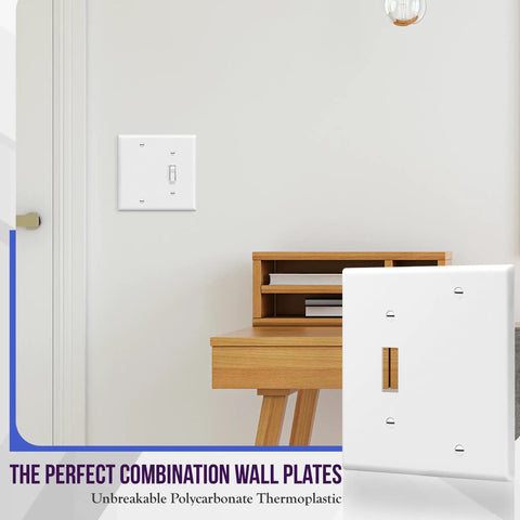 Combination Toggle Switch And Blank Wall Plate 2-Gang Light Switch Cover 4.5 By 4.57 Inches White Built Tough Polycarbonate