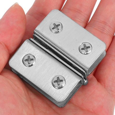 Heavy Duty Stainless Steel Glass Door Hinges 2 Pack For Display Cabinets And Kitchen Cabinets Adjustable Durable Modern Hardware For Glass Doors By Mikikit, held in a hand.