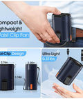 Wearable Belt Fan With 4 Speeds And Long Battery Life clipped to waistband, compact blue design with dual clips and lightweight feature.