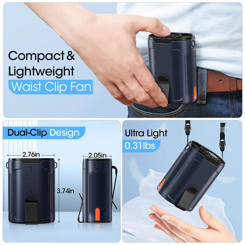 Wearable Belt Fan With 4 Speeds And Long Battery Life clipped to waistband, compact blue design with dual clips and lightweight feature.