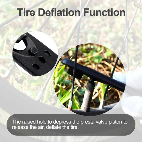 Ultra Strong Bicycle Tire Levers Set showing deflation function with presta valve, part of Grab And Go 6 Piece Snap Together Kit