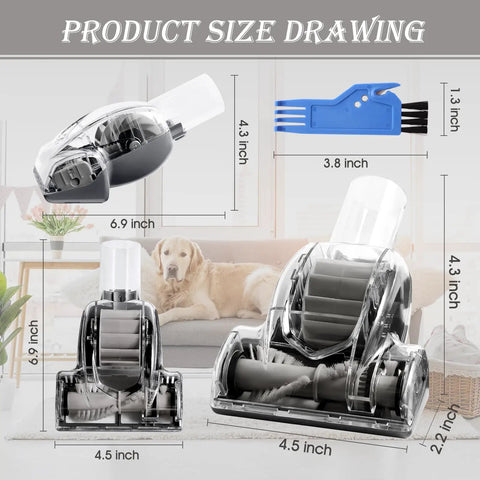Product size drawing for Upgraded Pet Hair Power Brush Attachment For Navigator Lift Away Upright Vacuum Cleaners, with dimensions.