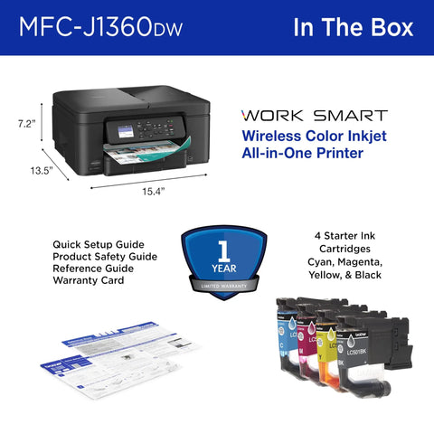 Wireless Color Inkjet All In One Printer With Auto Duplex And 1.8 Inch Color Display Ideal For Home Office Easy Copy Scan Print Uses LC501 Inks Includes Refresh Subscription Trial Great Value For Home Offices And Small Teams With Easy Setup And Low Cost, shown with included guides and ink cartridges.