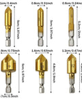 Six Piece Countersink Drill Bit Set With One Quarter Inch Hex Shank HSS Five Flute Countersink Bits 90 Degree Center Punch Tool Kit For Quick Change Sizes 6mm To 19mm Great For Woodworking - front view with size labels