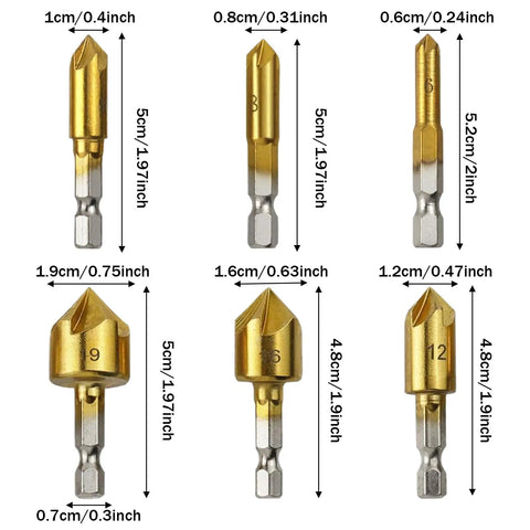 Six Piece Countersink Drill Bit Set With One Quarter Inch Hex Shank HSS Five Flute Countersink Bits 90 Degree Center Punch Tool Kit For Quick Change Sizes 6mm To 19mm Great For Woodworking - front view with size labels