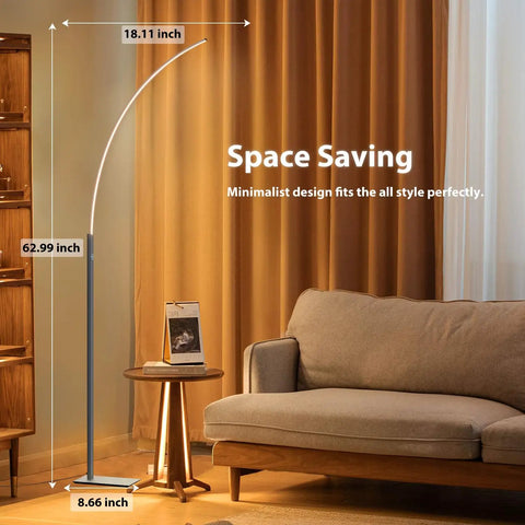 Arc Corner Floor Lamp With 3000K Warm White Cozy Vibes Mood Lighting next to sofa in living room, 63 inch silver LED lamp