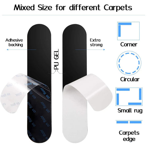 Close-up of black 32 Piece Rug Gripper Set Anti Slip Corner Pads And Washable Sticky Protectors For Hardwood Floors And Tile