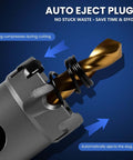 DIKTALK 16-piece heavy-duty carbide hole saw kit with TCT cutter; close-up view of bit in chuck with auto-eject plug rings