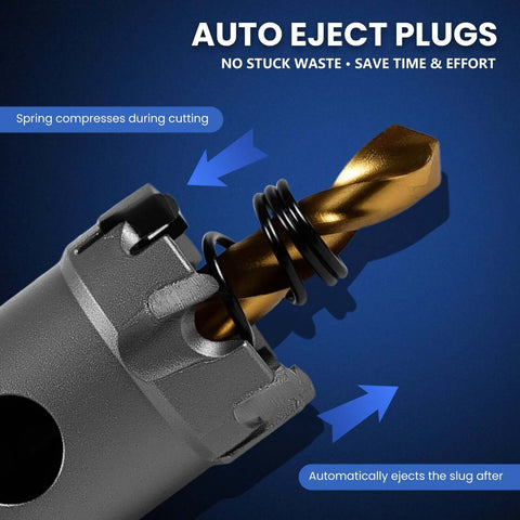 DIKTALK 16-piece heavy-duty carbide hole saw kit with TCT cutter; close-up view of bit in chuck with auto-eject plug rings