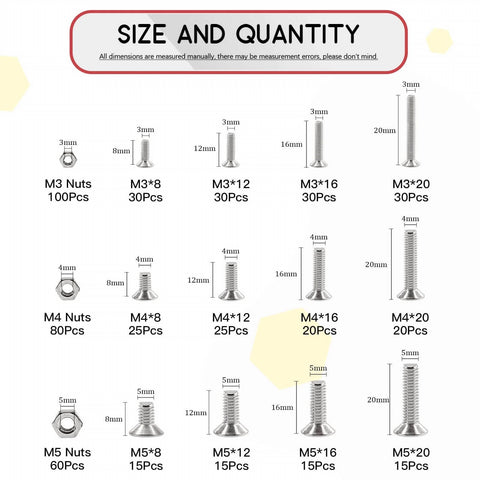 Image showing size and quantity chart for 510-Piece Stainless Steel Flat Head Hex Socket Bolts And Nuts Set With M3 M4 M5 Sizes 304 Grade.