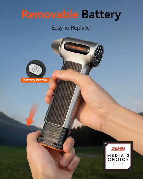 Cordless Air Duster With Removable Battery And Four Nozzles For Deep Cleaning On Computers Cars Windows Home And Outdoor Use Three Speed Adjustable Mini Blower Go To Keyboard Cleaning And Dust Removal held by a hand illustrating battery removal feature