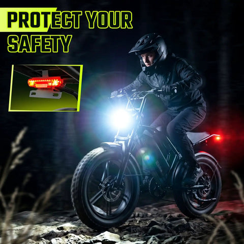 Beast Mode Fat Tire Electric Bike For Adults With 1500W Peak Motor, 20 By 4 Fat Tires, illuminated headlight in dark setting