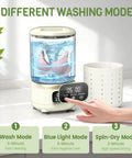 Compact Mini Washing Machine For Underwear And Delicates Portable Design with three washing modes displayed on control panel.