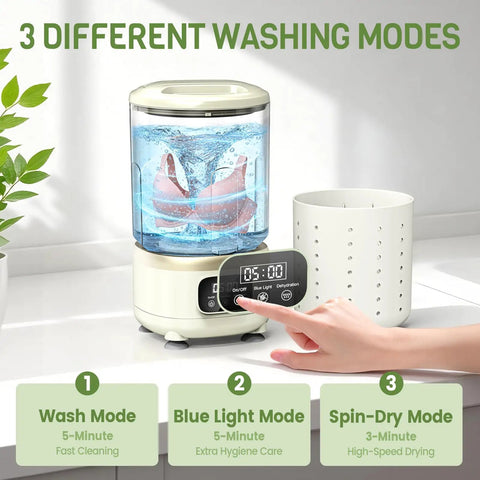 Compact Mini Washing Machine For Underwear And Delicates Portable Design with three washing modes displayed on control panel.