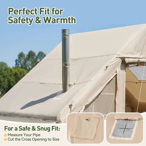 Side view of inflatable family camping tent with instant setup showing chimney fitting, waterproof 3000mm windproof outdoor shelter material.
