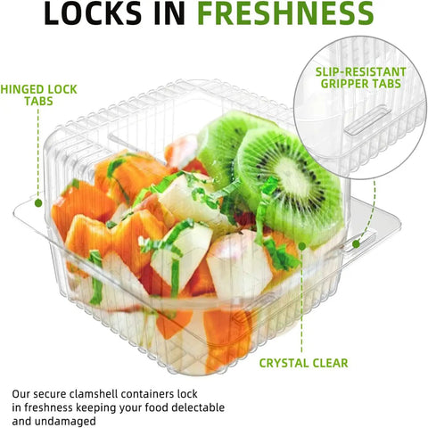 Clear Plastic Hinged Takeout Clamshell Containers, 50 Pack with fruit inside showing easy-to-open lids and slip-resistant tabs