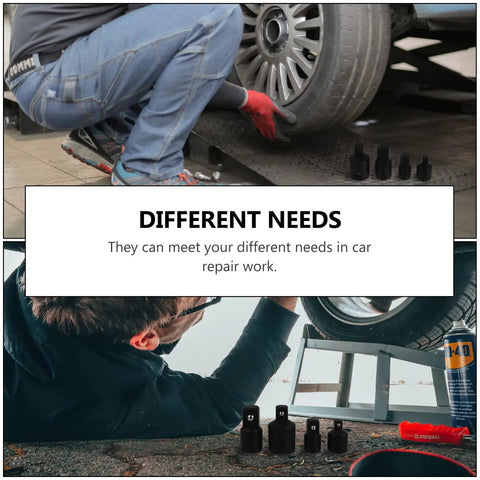 Ultimate Black Sleeve Converter Kit With 4 Sturdy Socket Adapters Perfect For Daily Auto Repair And Modification Plus Tough Impact Wrench Tools That Never Break. Black 4-piece socket adapter set for car tire repair