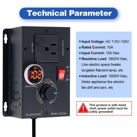 AC Motor Speed Controller 110-120V 10A Rated 15A Max With LED Display Black Matte Metal Shell Electronic Voltage Regulator
